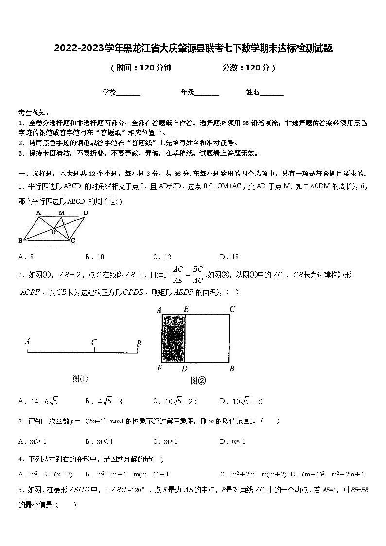 2022-2023学年黑龙江省大庆肇源县联考七下数学期末达标检测试题含答案第1页
