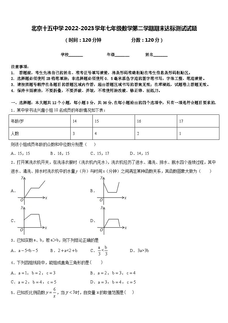 北京十五中学2022-2023学年七年级数学第二学期期末达标测试试题含答案第1页