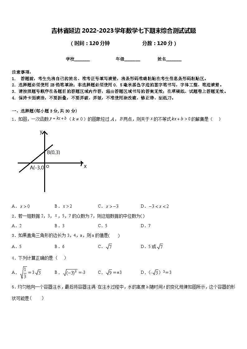 吉林省延边2022-2023学年数学七下期末综合测试试题含答案第1页