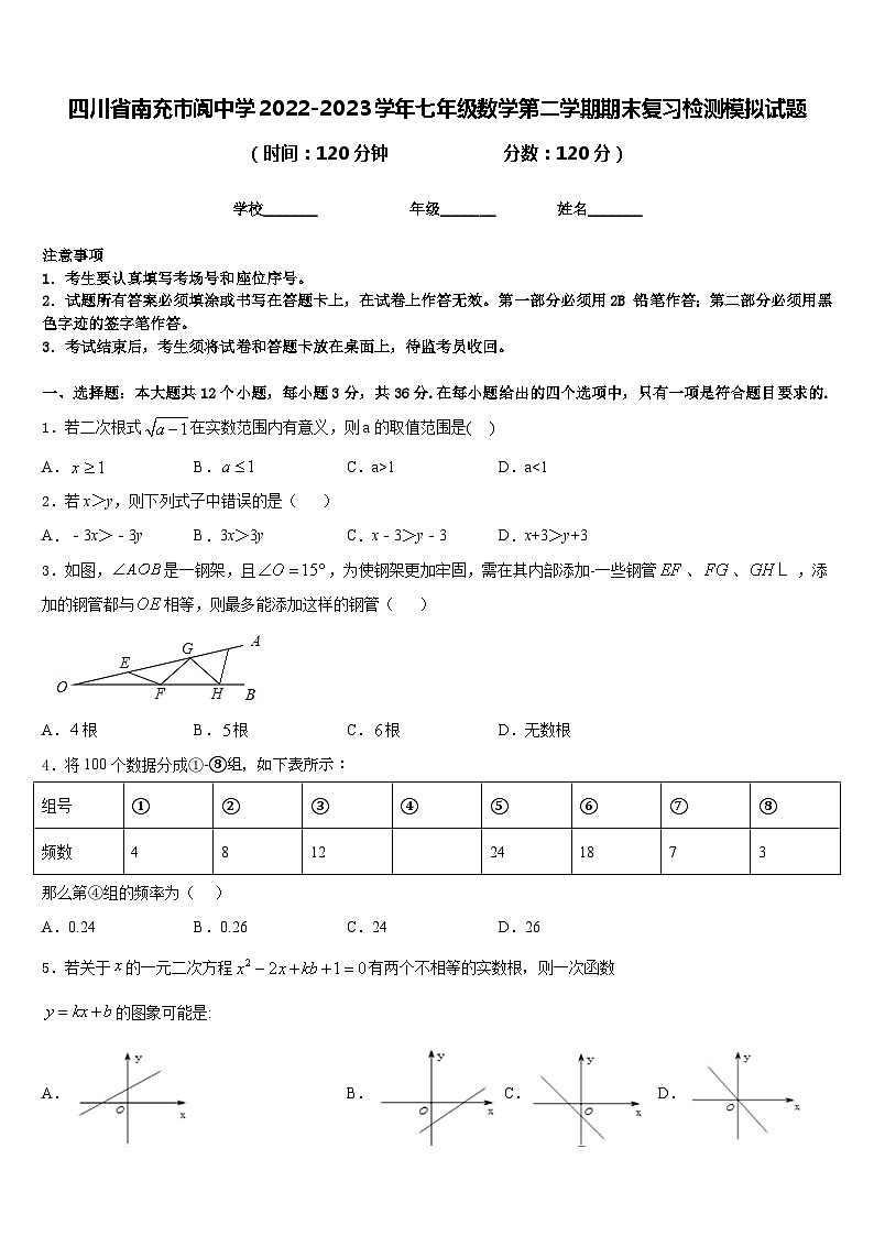 四川省南充市阆中学2022-2023学年七年级数学第二学期期末复习检测模拟试题含答案01