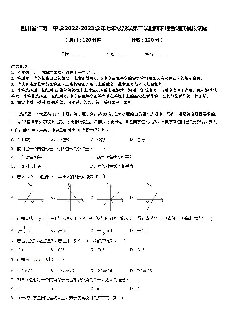四川省仁寿一中学2022-2023学年七年级数学第二学期期末综合测试模拟试题含答案第1页