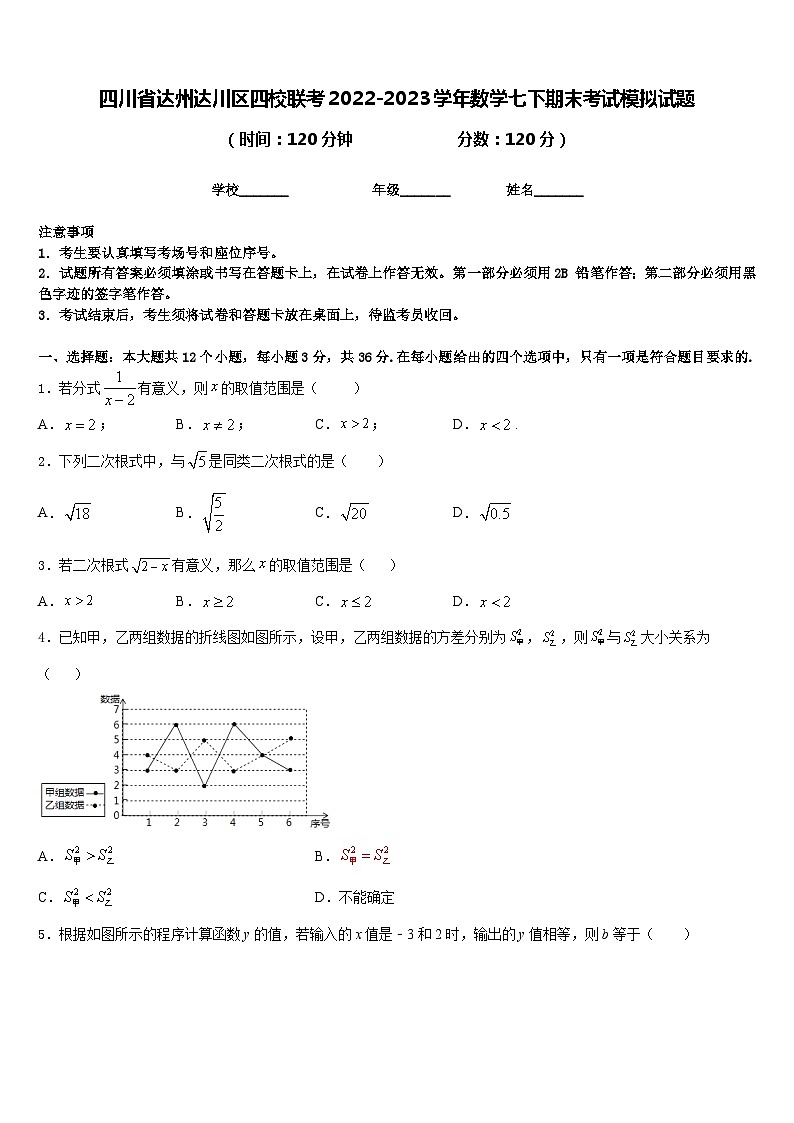 四川省达州达川区四校联考2022-2023学年数学七下期末考试模拟试题含答案第1页