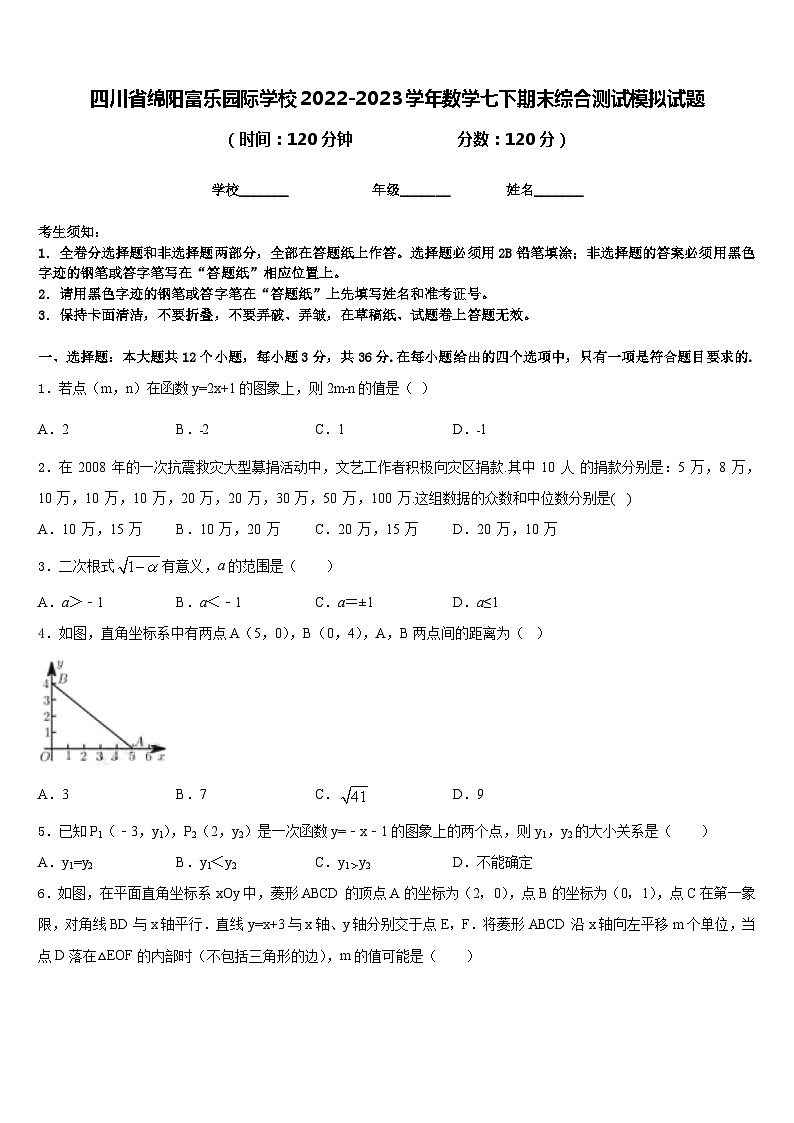 四川省绵阳富乐园际学校2022-2023学年数学七下期末综合测试模拟试题含答案01
