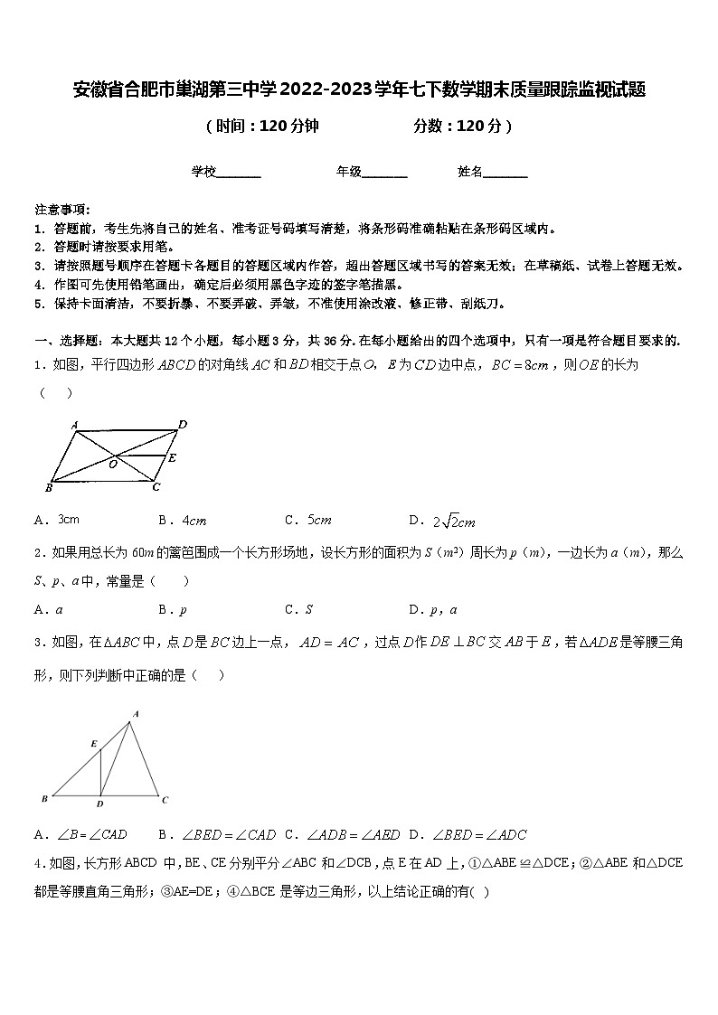 安徽省合肥市巢湖第三中学2022-2023学年七下数学期末质量跟踪监视试题含答案第1页