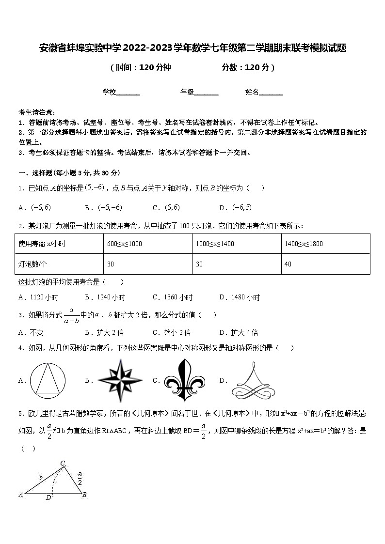 安徽省蚌埠实验中学2022-2023学年数学七年级第二学期期末联考模拟试题含答案01