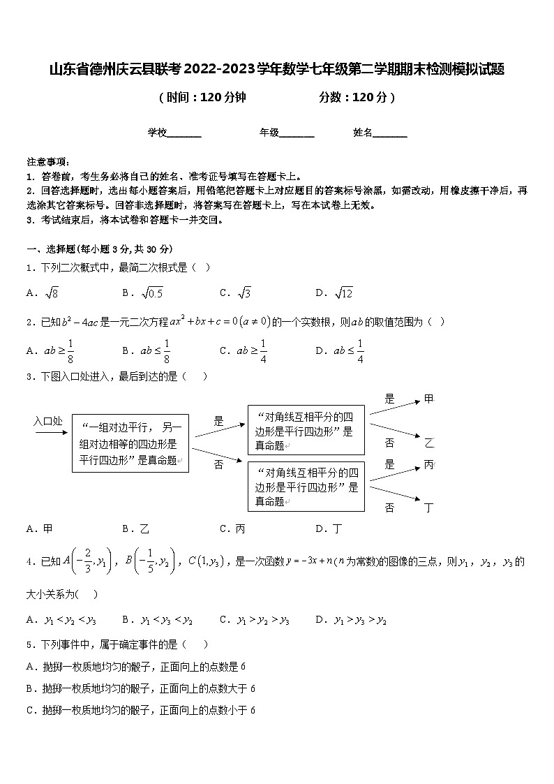 山东省德州庆云县联考2022-2023学年数学七年级第二学期期末检测模拟试题含答案第1页