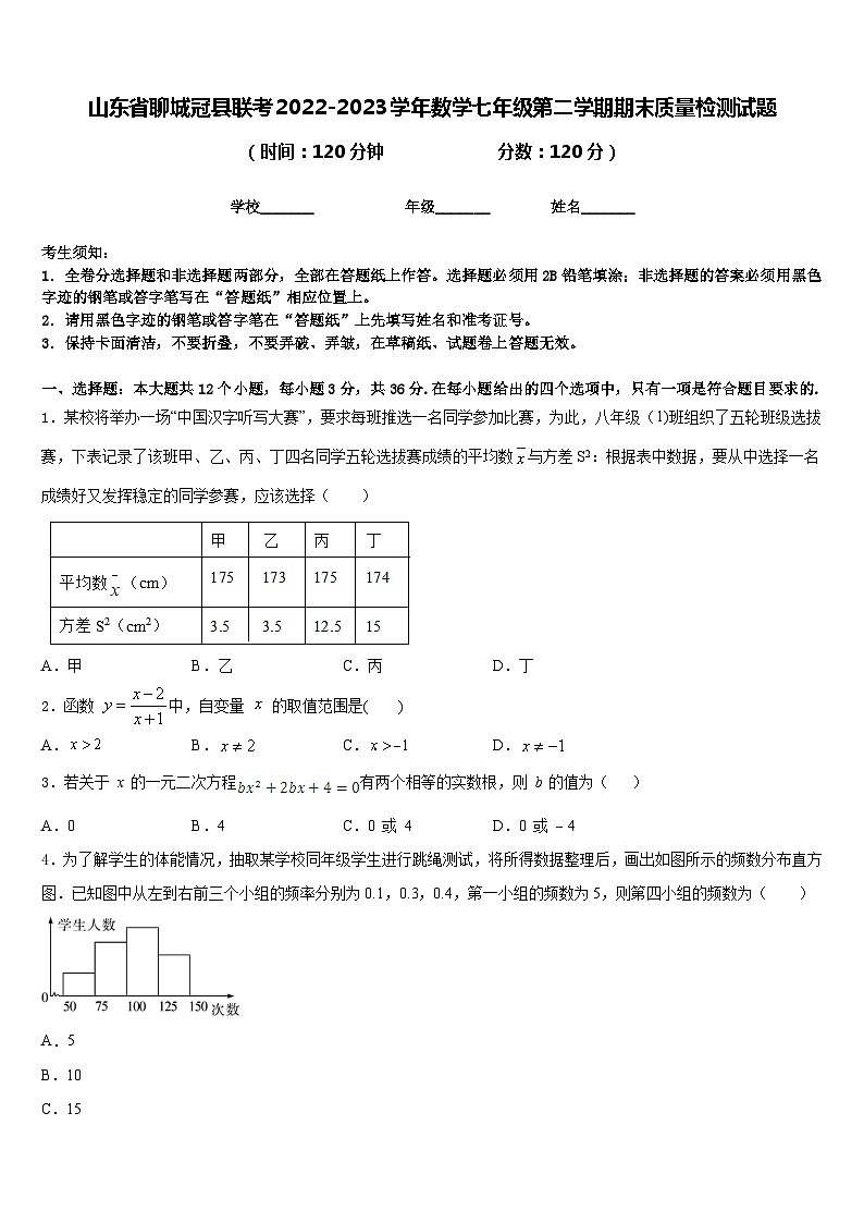 山东省聊城冠县联考2022-2023学年数学七年级第二学期期末质量检测试题含答案第1页