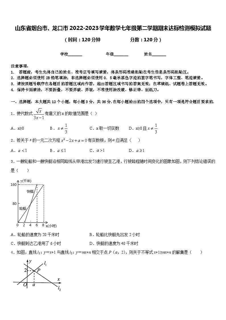 山东省烟台市、龙口市2022-2023学年数学七年级第二学期期末达标检测模拟试题含答案第1页