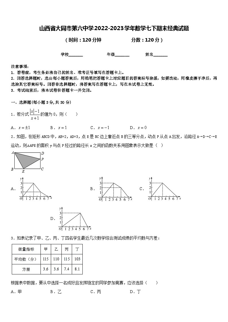 山西省大同市第六中学2022-2023学年数学七下期末经典试题含答案01