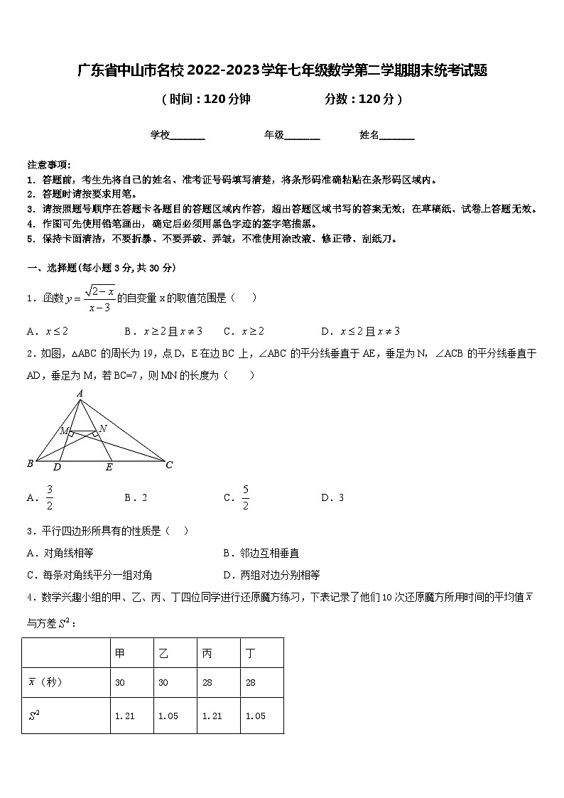 广东省中山市名校2022-2023学年七年级数学第二学期期末统考试题含答案第1页