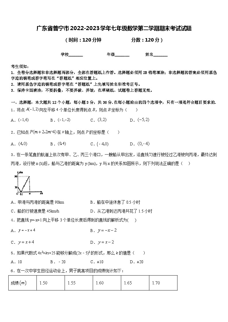 广东省普宁市2022-2023学年七年级数学第二学期期末考试试题含答案第1页