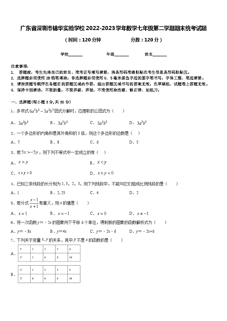 广东省深圳市锦华实验学校2022-2023学年数学七年级第二学期期末统考试题含答案01
