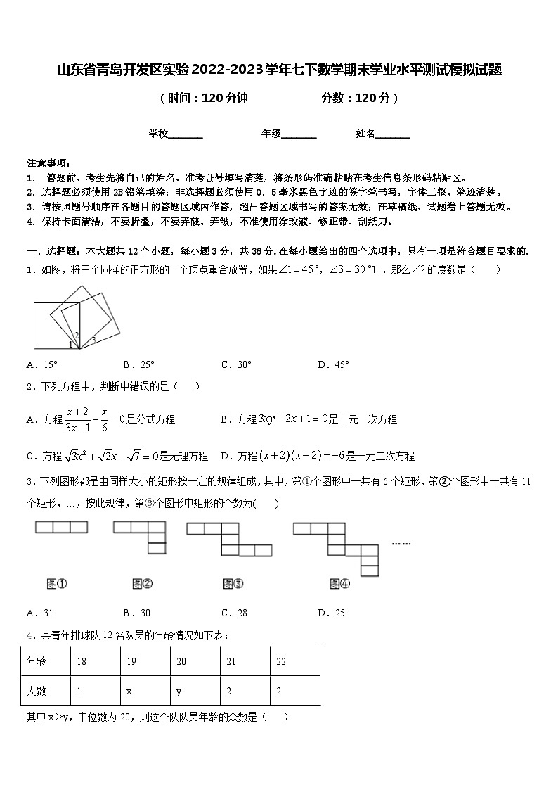 山东省青岛开发区实验2022-2023学年七下数学期末学业水平测试模拟试题含答案01