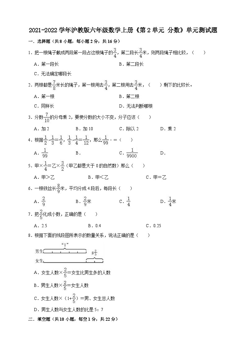 沪教版（五四学制） 初中数学 六年级上册  第2单元 分数 单元测试题（一）（含解析）.doc01