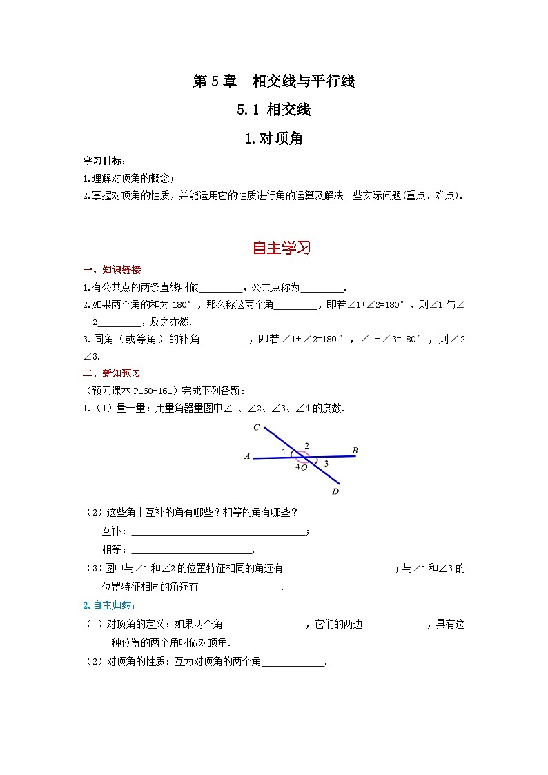 华师大版 初中数学 七年级上册 5.1.1 对顶角 学案+当堂检测（word版含答案）第1页