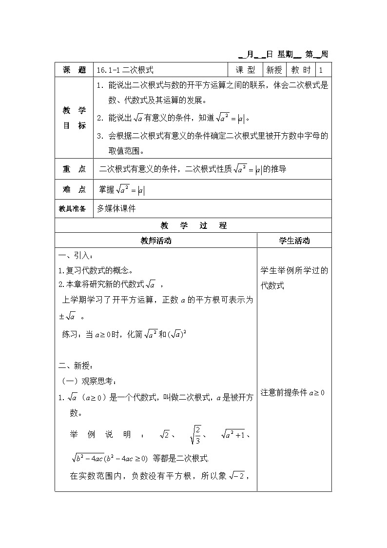沪教版（五四学制）初中数学 八年级上册  16.1 二次根式 教案（表格式）01