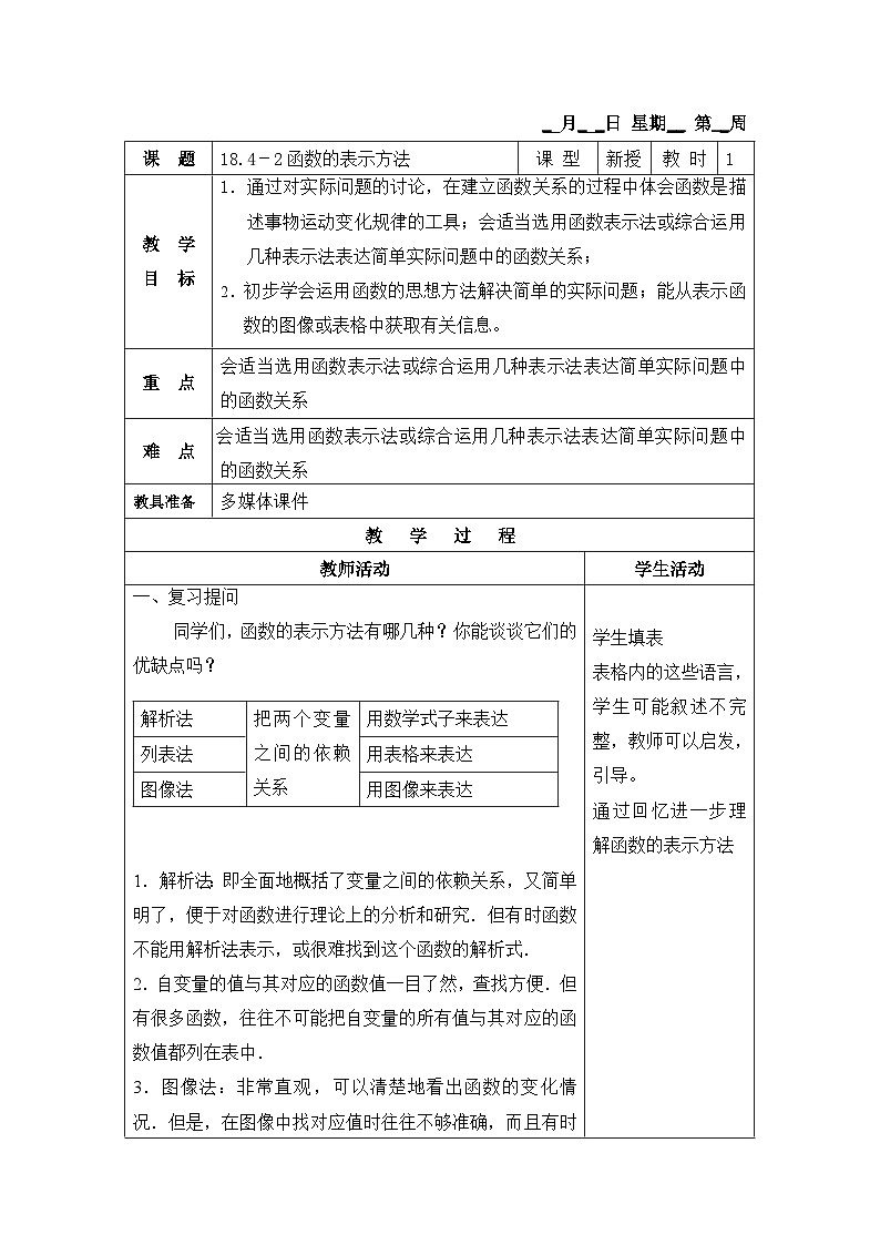 沪教版（五四学制）初中数学 八年级上册   18.4-2函数的表示方法 教案（表格式）第1页