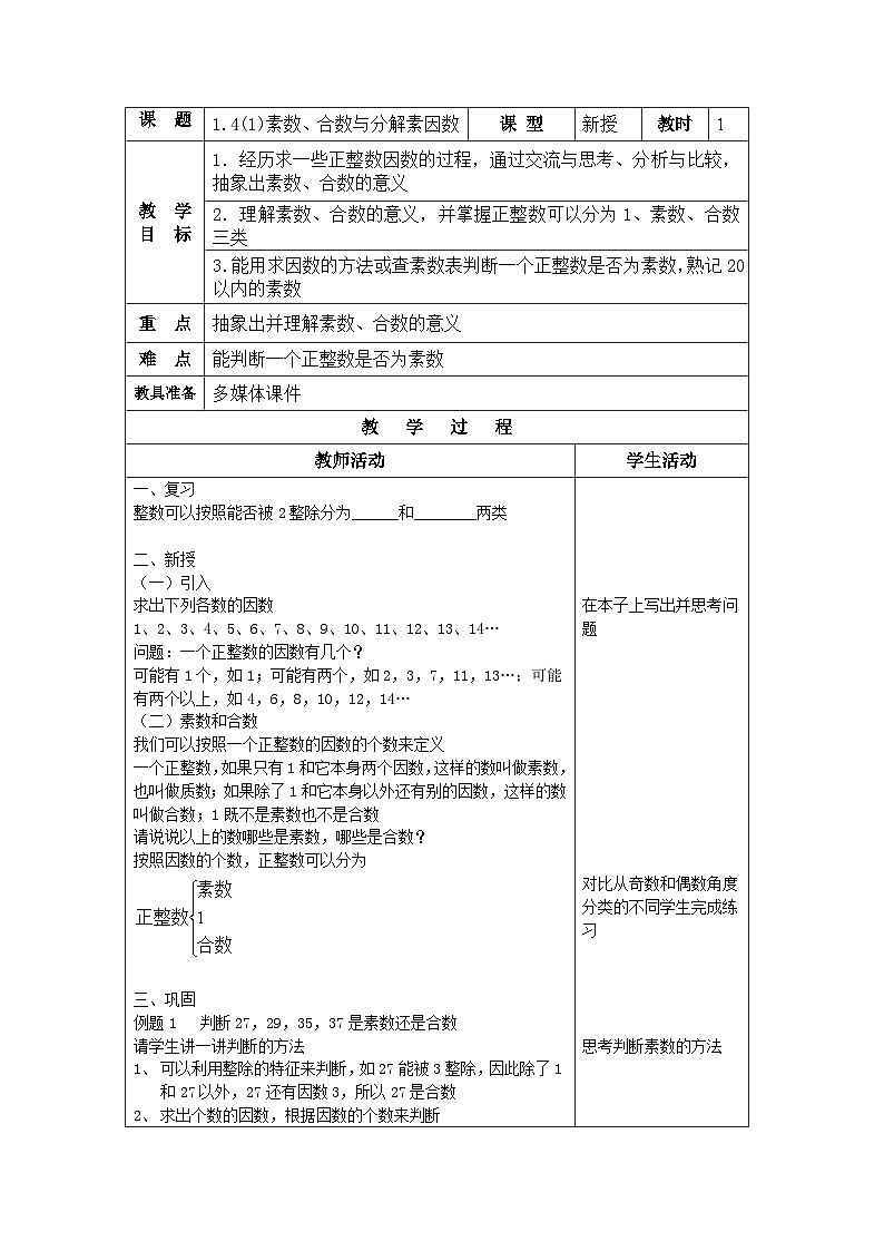 沪教版（五四学制）六上1.4.1素数、合数与分解素因数 教案（表格式）第1页