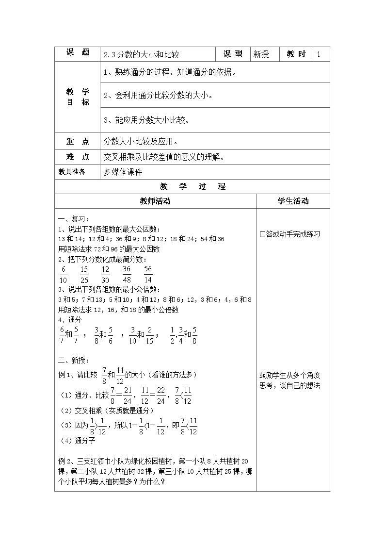 沪教版（五四学制）初中数学 六年级上册2.3.2分数的大小和比较 教案（表格式）01