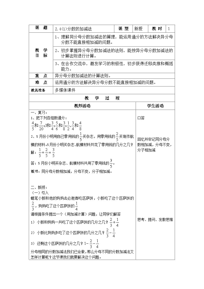 沪教版（五四学制）初中数学 六年级上册2.4.1分数的加减法 教案（表格式）01