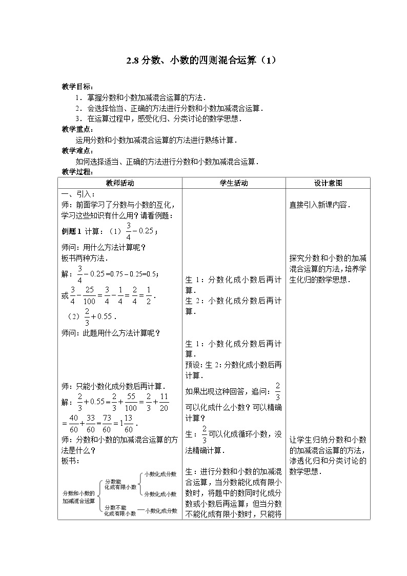 沪教版（五四学制）初中数学 六年级上册2.8分数、小数的四则混合运算（1）教案（表格式）01