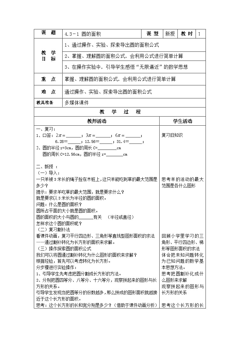 沪教版（五四学制）初中数学 六年级上册4.3.1 圆的面积 教案（表格式）01