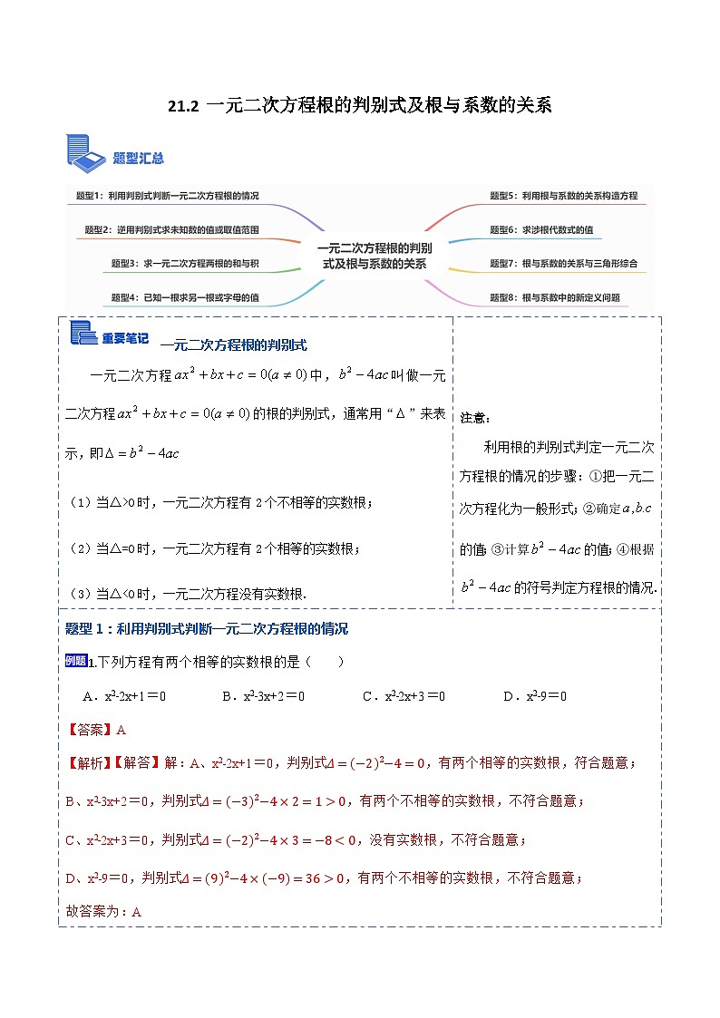 21.2一元二次方程根的判别式及根与系数的关系(讲+练)-【重要笔记】2022-2023学年九年级数学上册重要考点精讲精练（人教版）（解析+原卷）01