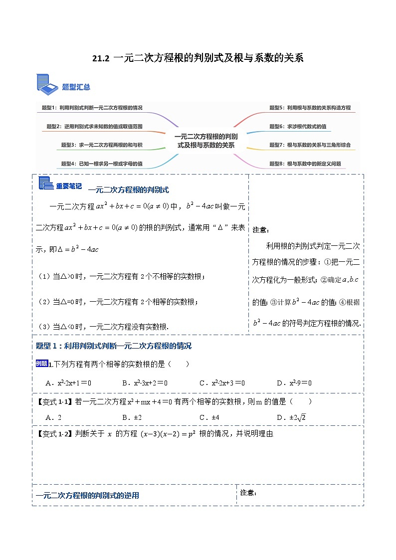 21.2一元二次方程根的判别式及根与系数的关系(讲+练)-【重要笔记】2022-2023学年九年级数学上册重要考点精讲精练（人教版）（解析+原卷）01