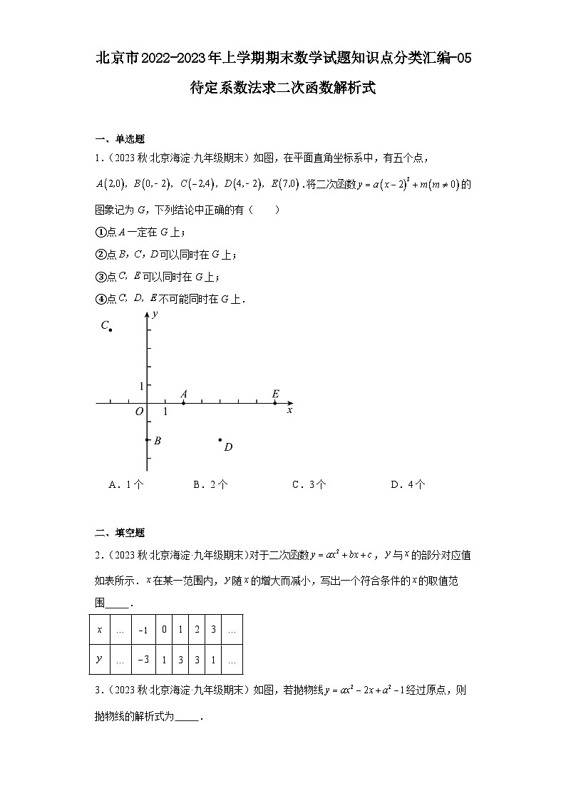 北京市2022-2023年上学期九年级期末数学试题知识点分类汇编-05待定系数法求二次函数解析式第1页