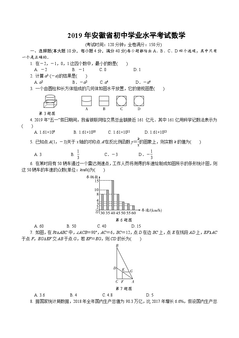2019安徽省中考数学试卷第1页