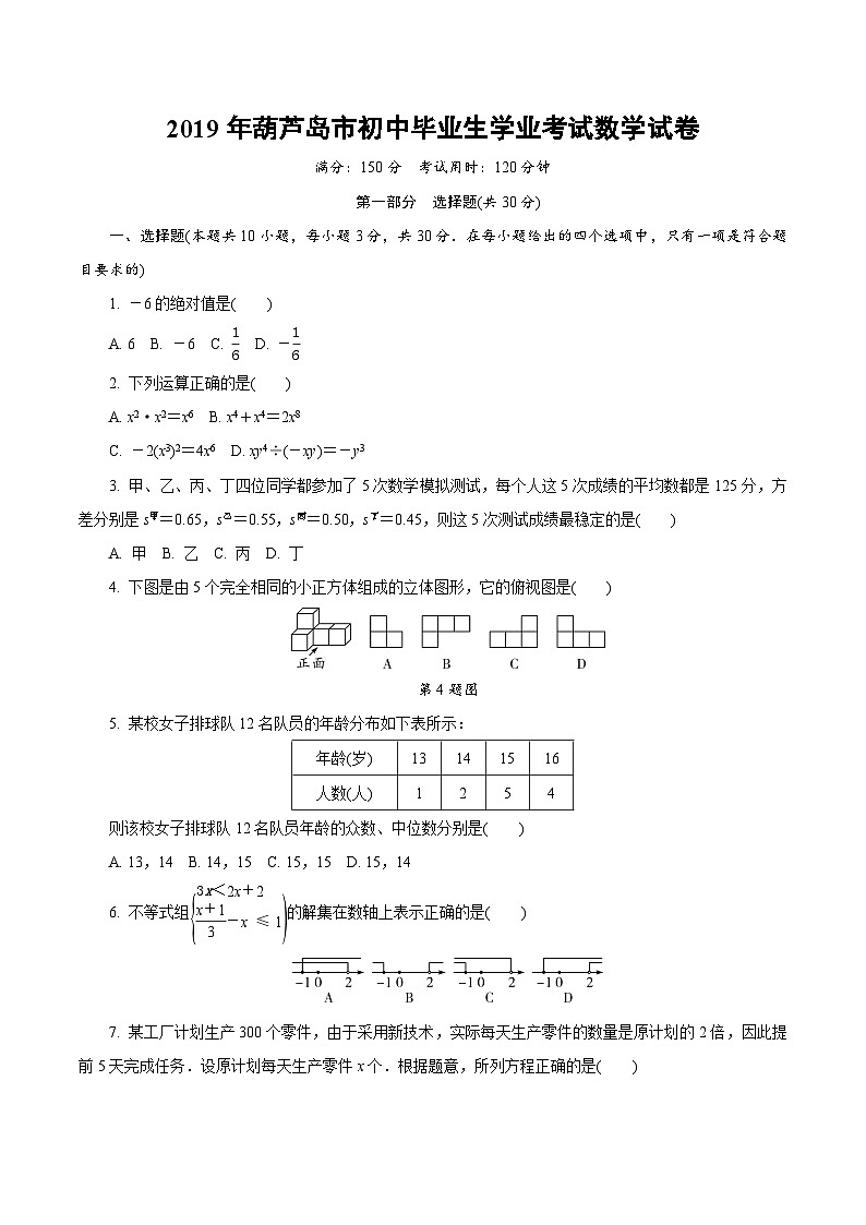 2019年葫芦岛市初中毕业生学业考试数学试卷01