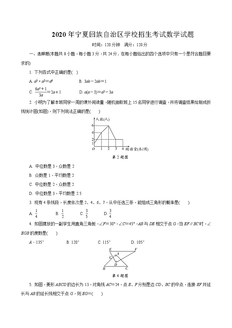 2020年宁夏回族自治区学校招生考试数学试题第1页