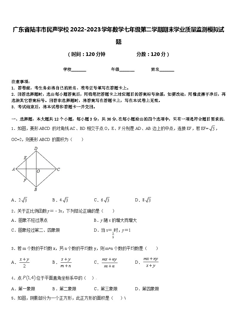 广东省陆丰市民声学校2022-2023学年数学七年级第二学期期末学业质量监测模拟试题含答案第1页
