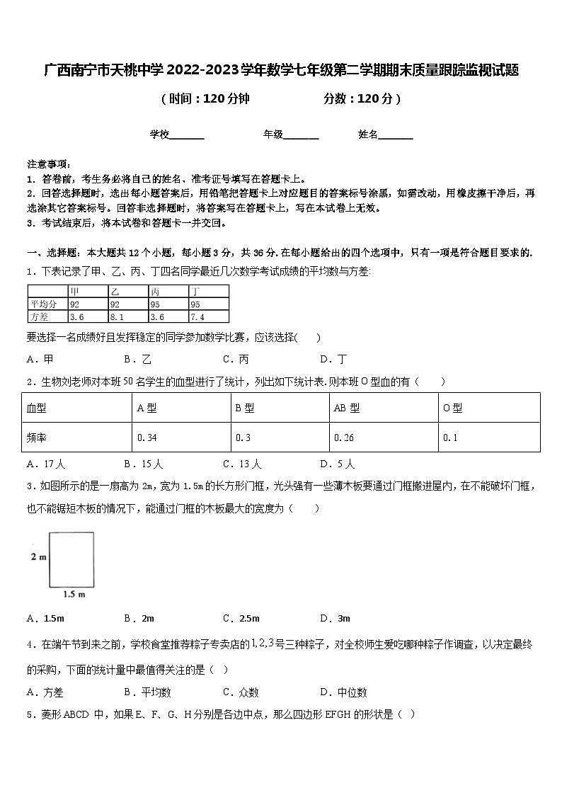 广西南宁市天桃中学2022-2023学年数学七年级第二学期期末质量跟踪监视试题含答案01