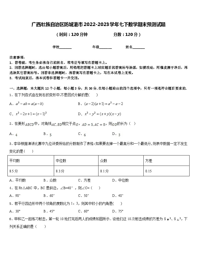 广西壮族自治区防城港市2022-2023学年七下数学期末预测试题含答案第1页