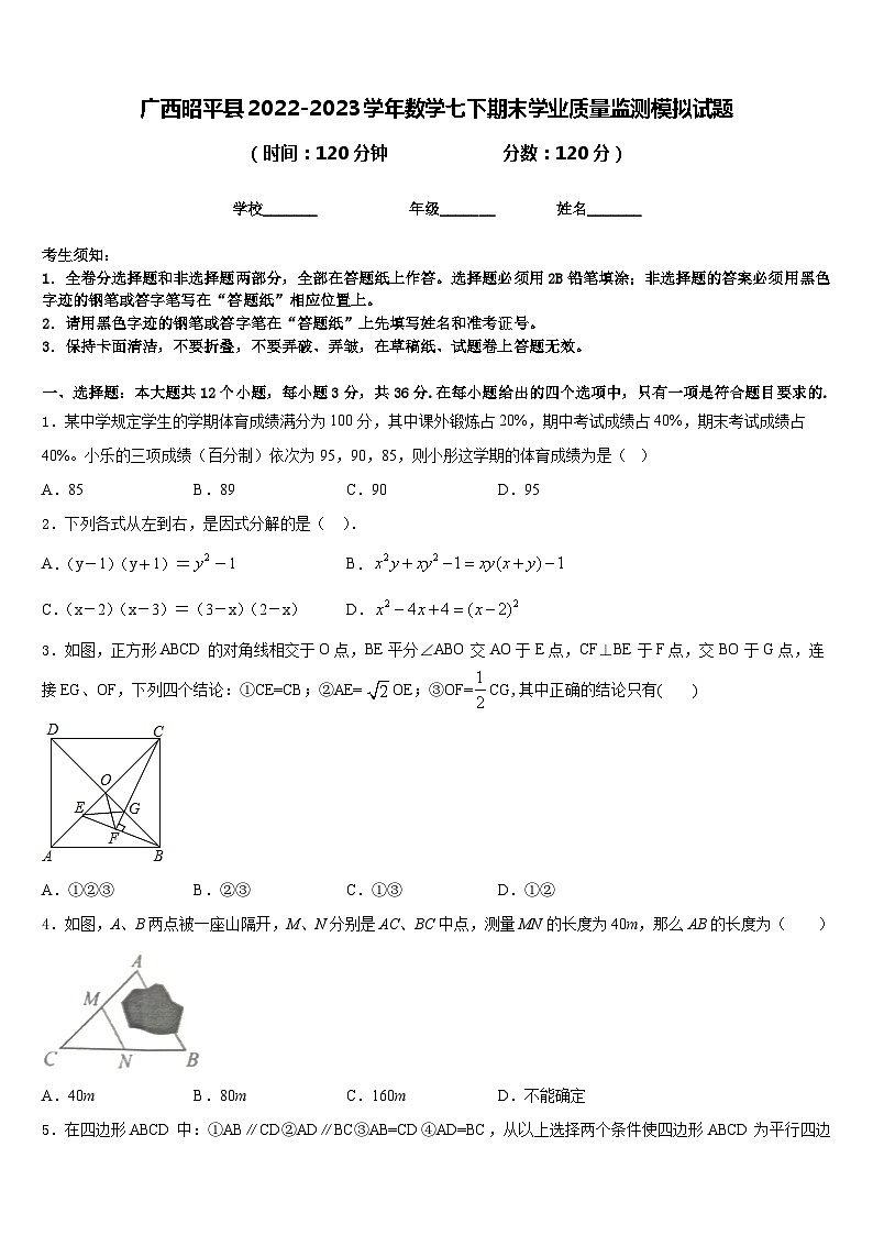 广西昭平县2022-2023学年数学七下期末学业质量监测模拟试题含答案01