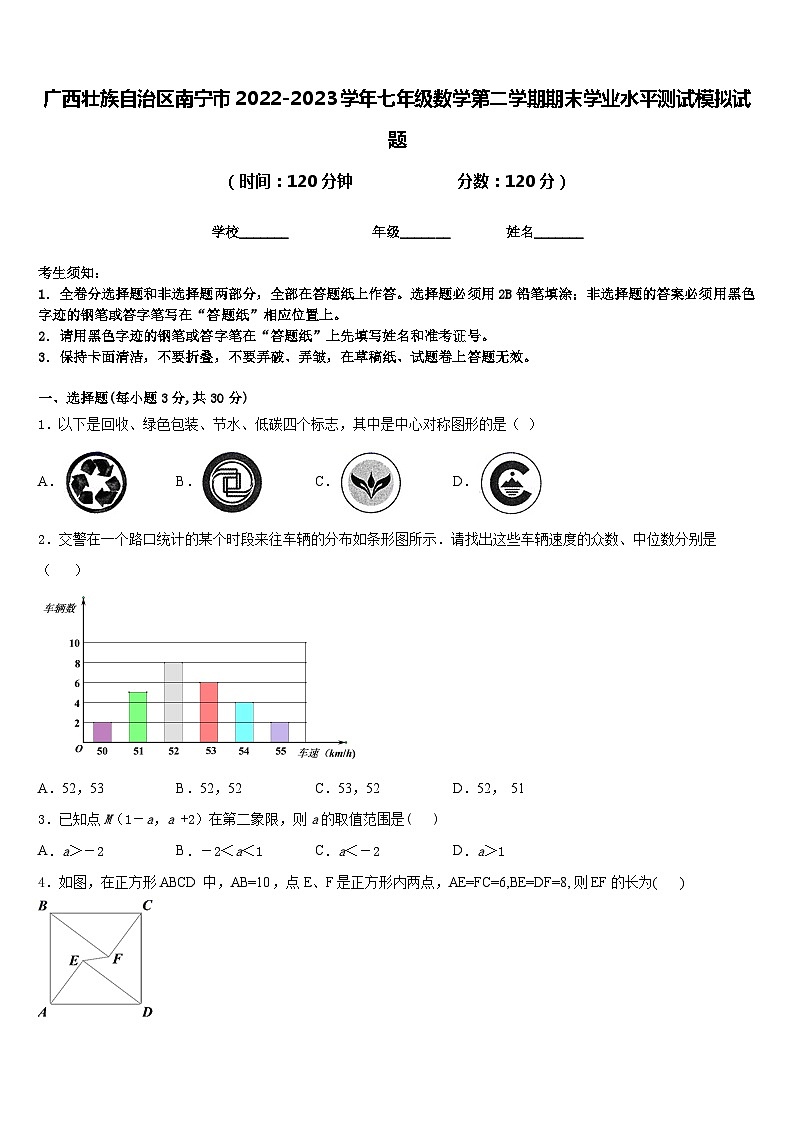 广西壮族自治区南宁市2022-2023学年七年级数学第二学期期末学业水平测试模拟试题含答案01