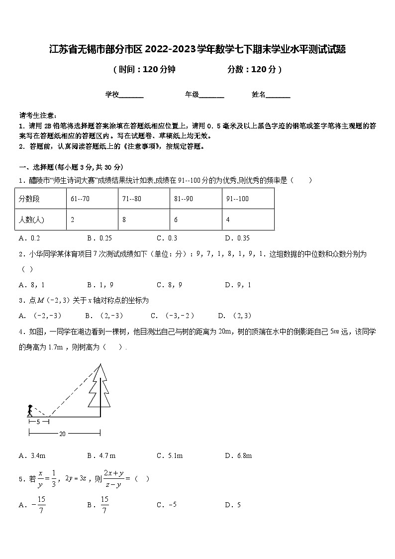 江苏省无锡市部分市区2022-2023学年数学七下期末学业水平测试试题含答案第1页