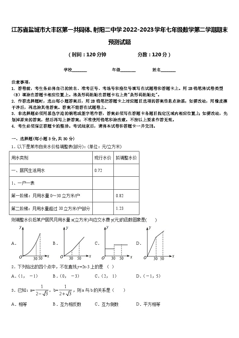 江苏省盐城市大丰区第一共同体、射阳二中学2022-2023学年七年级数学第二学期期末预测试题含答案01