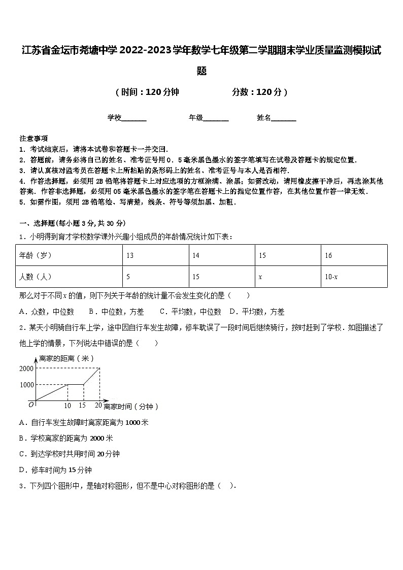 江苏省金坛市尧塘中学2022-2023学年数学七年级第二学期期末学业质量监测模拟试题含答案01