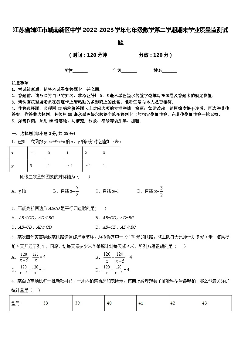 江苏省靖江市城南新区中学2022-2023学年七年级数学第二学期期末学业质量监测试题含答案第1页
