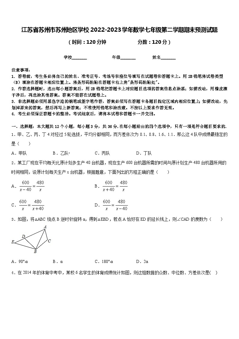 江苏省苏州市苏州地区学校2022-2023学年数学七年级第二学期期末预测试题含答案第1页