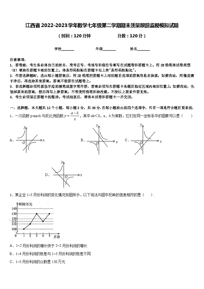 江西省2022-2023学年数学七年级第二学期期末质量跟踪监视模拟试题含答案第1页
