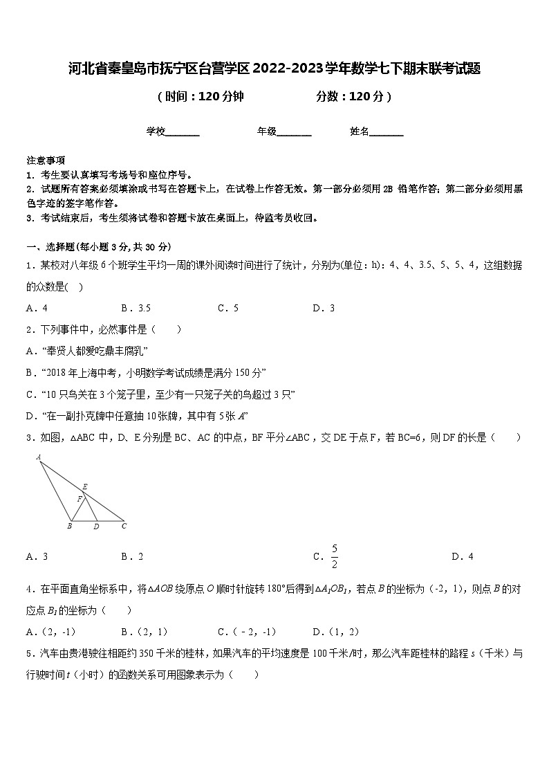河北省秦皇岛市抚宁区台营学区2022-2023学年数学七下期末联考试题含答案第1页