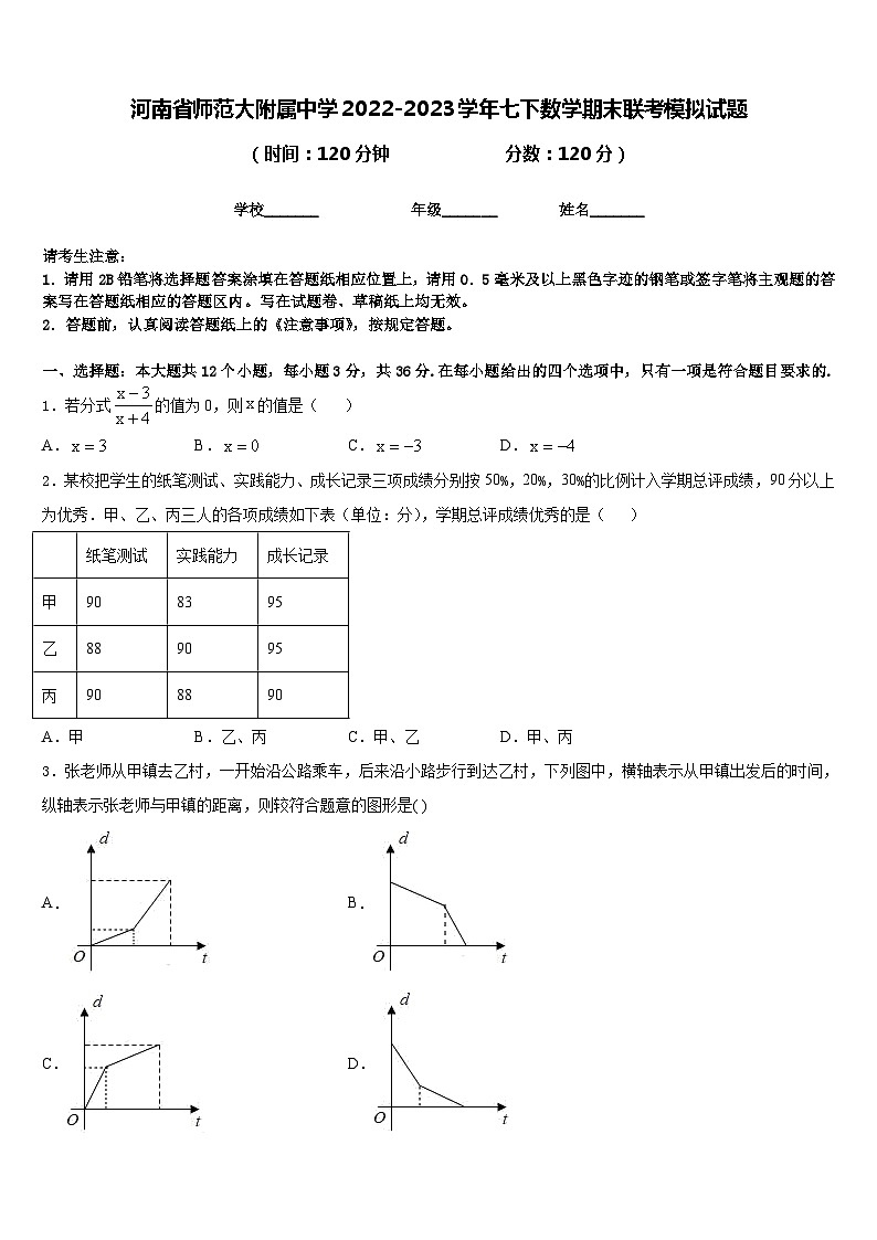 河南省师范大附属中学2022-2023学年七下数学期末联考模拟试题含答案第1页