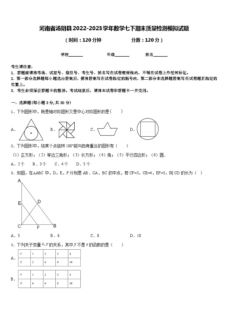河南省汤阴县2022-2023学年数学七下期末质量检测模拟试题含答案第1页