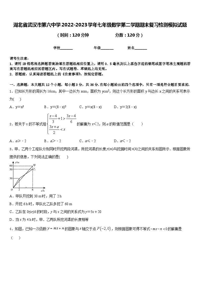 湖北省武汉市第六中学2022-2023学年七年级数学第二学期期末复习检测模拟试题含答案第1页