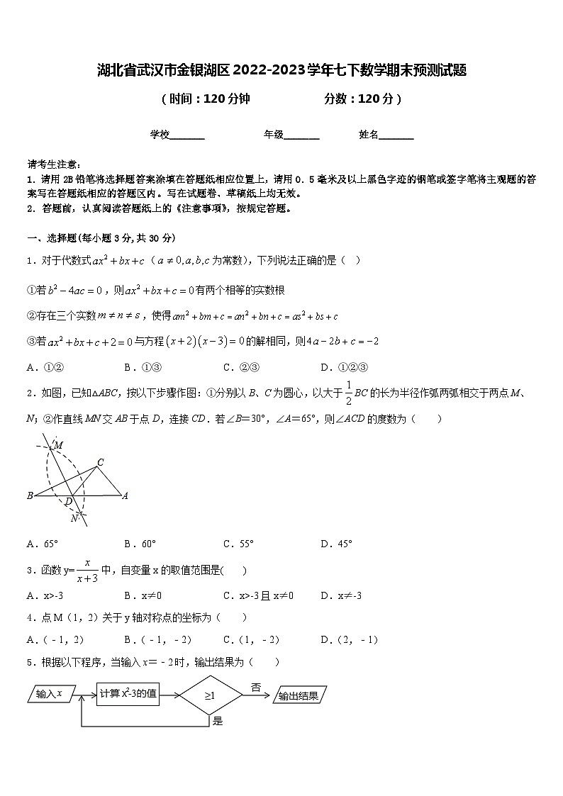 湖北省武汉市金银湖区2022-2023学年七下数学期末预测试题含答案第1页