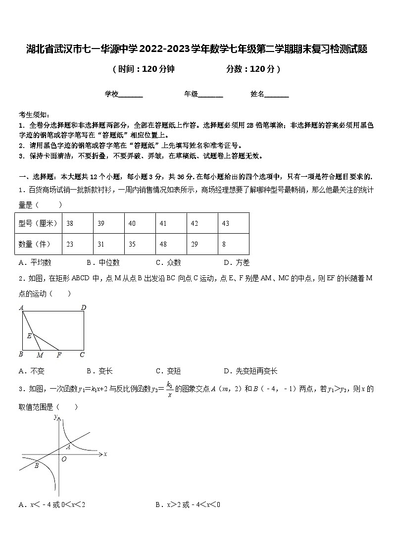 湖北省武汉市七一华源中学2022-2023学年数学七年级第二学期期末复习检测试题含答案第1页