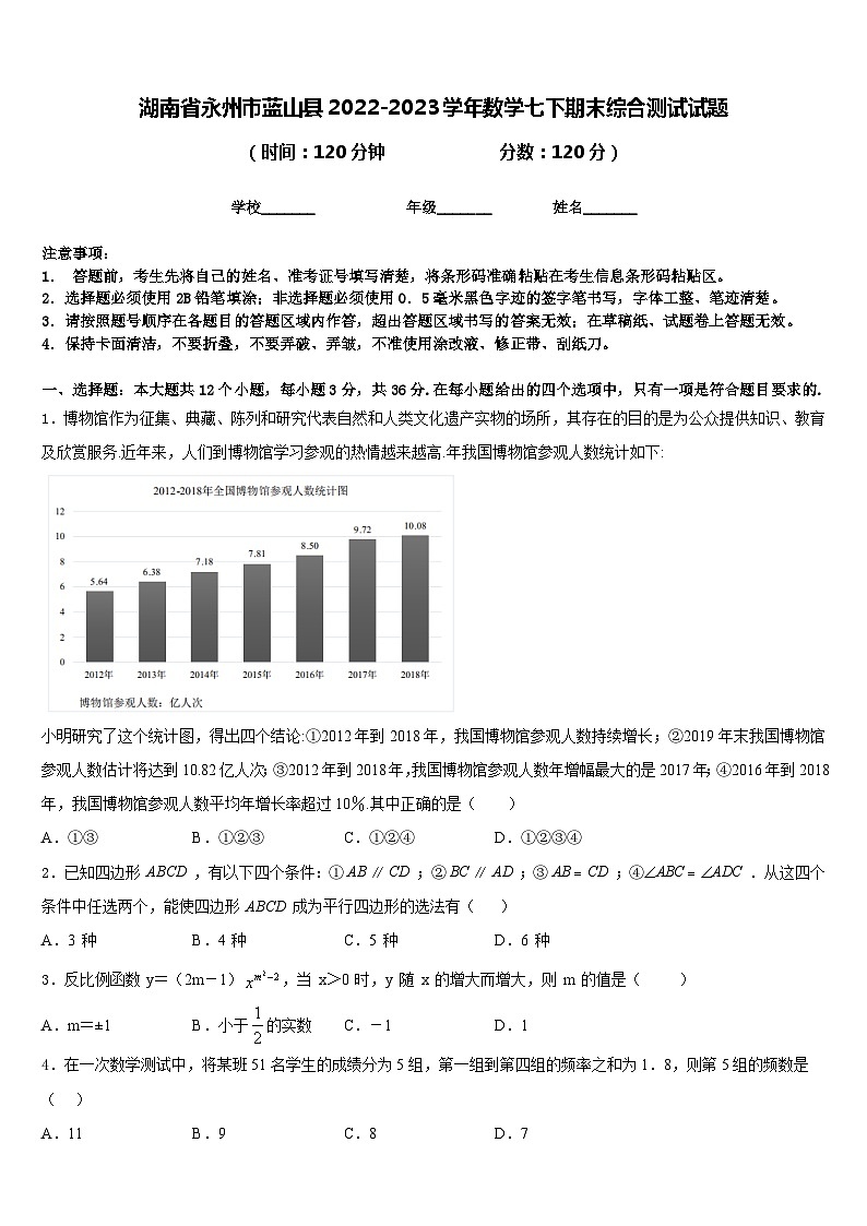 湖南省永州市蓝山县2022-2023学年数学七下期末综合测试试题含答案第1页